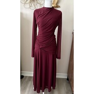 WAYF Burgundy Ruched Mesh Maxi Dress Long Sleeve Formal Gown NWOT Size L